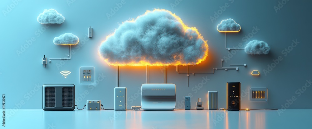 Poster smart home network; cloud computing, internet of things (iot), wireless devices, server, router, dat