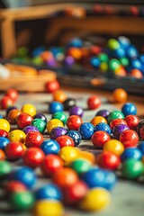 creative shot of colorful paintballs scattered across table their textures detailed with blurred game setup behind