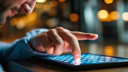 A person interacting with a tablet, showcasing modern technology in a casual, ambient setting