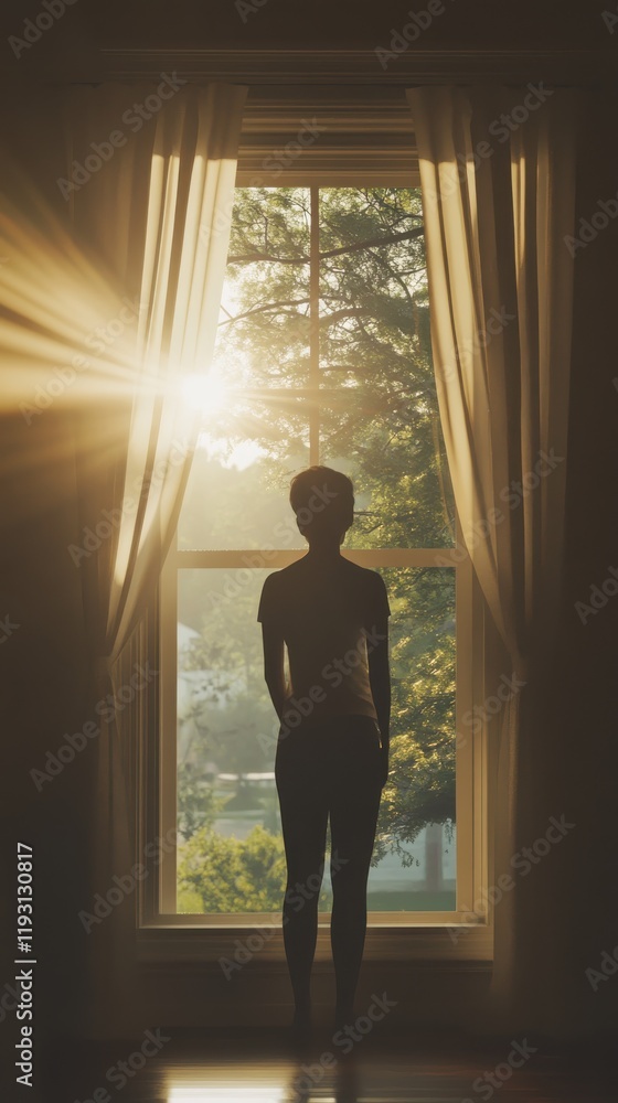 Poster silhouette of a person standing by a window with soft sunlight streaming through curtains creating a