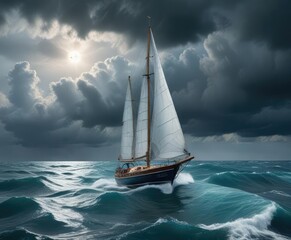 Fototapeta premium A small sailboat rides out a fierce storm on the rough blue waters, sea, marina