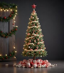 A small to medium-sized Christmas tree decorated with candy canes and popcorn garlands, autumnal, branches, decorations