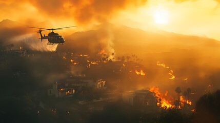 Naklejka premium Helicopter Battling Wildfire with Water Drop Over Burning Hills, LA, wildfires