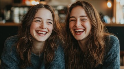 A candid shot of identical attractive twins sitting at a cafÃ©, sharing a fun conversation and a laugh.
