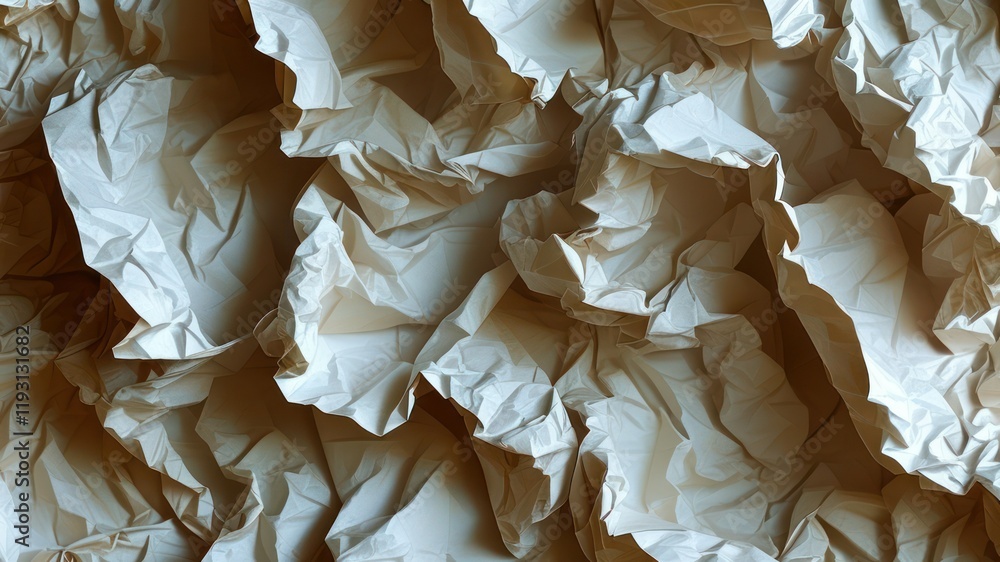 Poster crumpled paper texture with soft folds creates an abstract, artistic background suitable for various