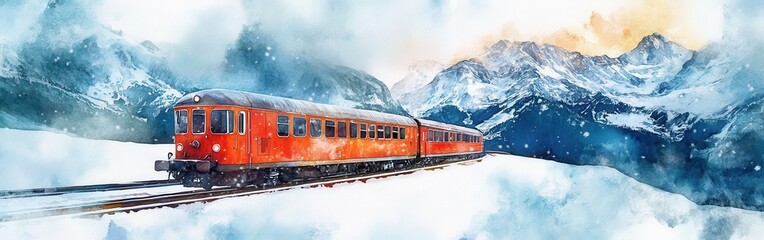Train travels through a snowy landscape with majestic mountains in the background