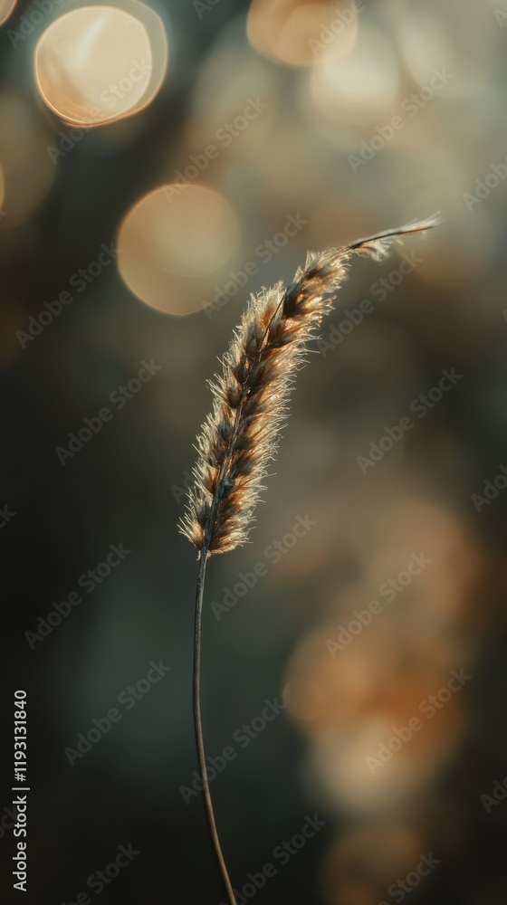 Poster subdued bokeh lights enhance the rustic beauty of grass in a natural setting during golden hour