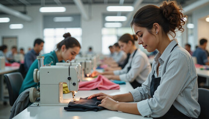 Fototapeta premium Focused workers sewing colorful fabrics in a textile factory, teamwork