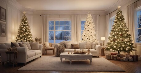 A cozy winter-inspired living area centered around a majestic white Christmas tree with an array of ornaments and lights, twinkling lights, white christmas tree