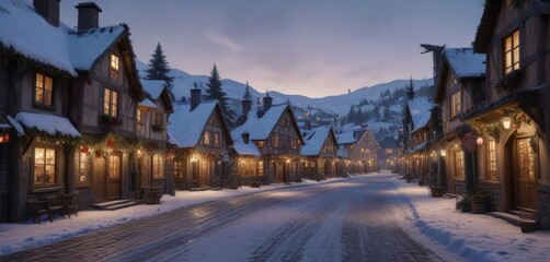 A snowy village with houses and shops decorated for Christmas Eve, winter scenery, holiday cheer