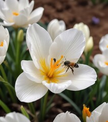 Obraz premium A solitary bee lands on the petals of a white crocus flower in a garden bed , crocus, bee landing