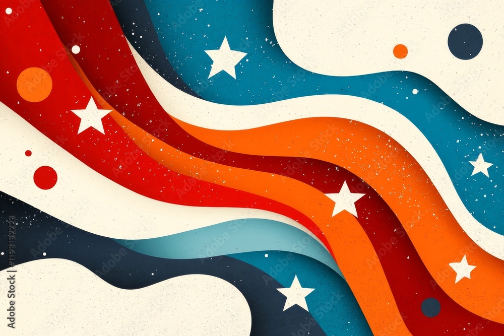 Poster a flat design of a folded american flag, stylized with bold lines and subtle gradients in red, white