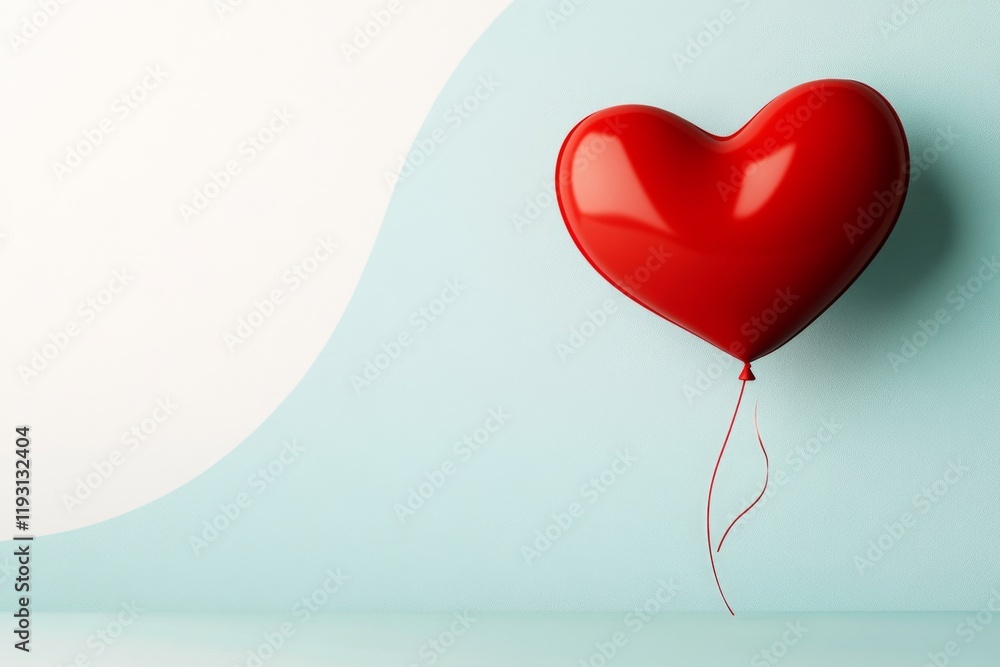 Poster a flat design of a heart-shaped balloon floating against a plain sky, stylized with bold lines and p