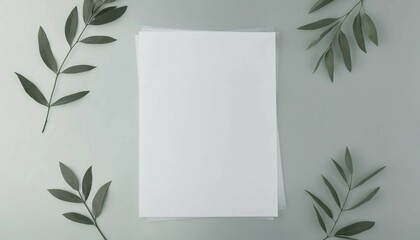 Flat lay composition of blank paper under a transparent glass sheet