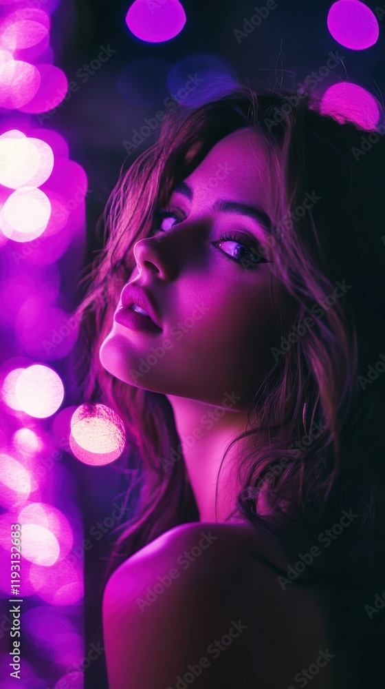 Poster radiant violet and deep magenta bokeh lights create a romantic ambiance with a captivating figure fr