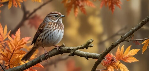 A song sparrow perched on a tree branch over looking at the vibrant fall colors below, songbird, fall foliage, rock hall