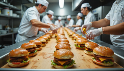 Focused workers assembling burgers in busy kitchen, culinary efficiency