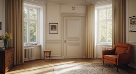 Fototapeta premium Sunlit corner room with armchair, windows, and classic decor