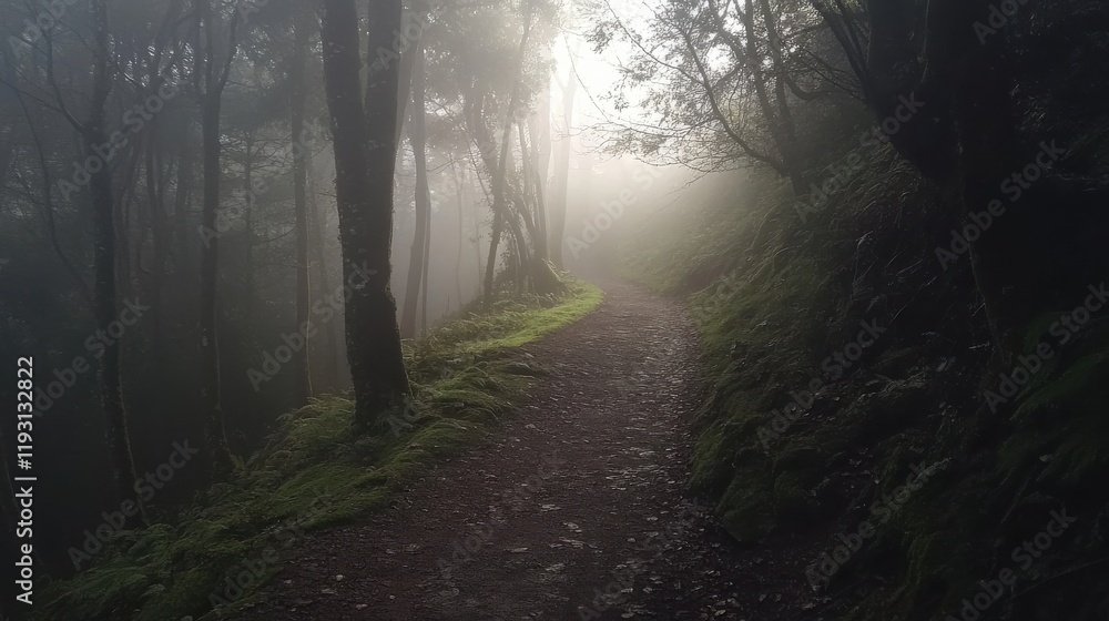 Poster Foggy forest path with sunlight filtering through trees creating a tranquil atmosphere