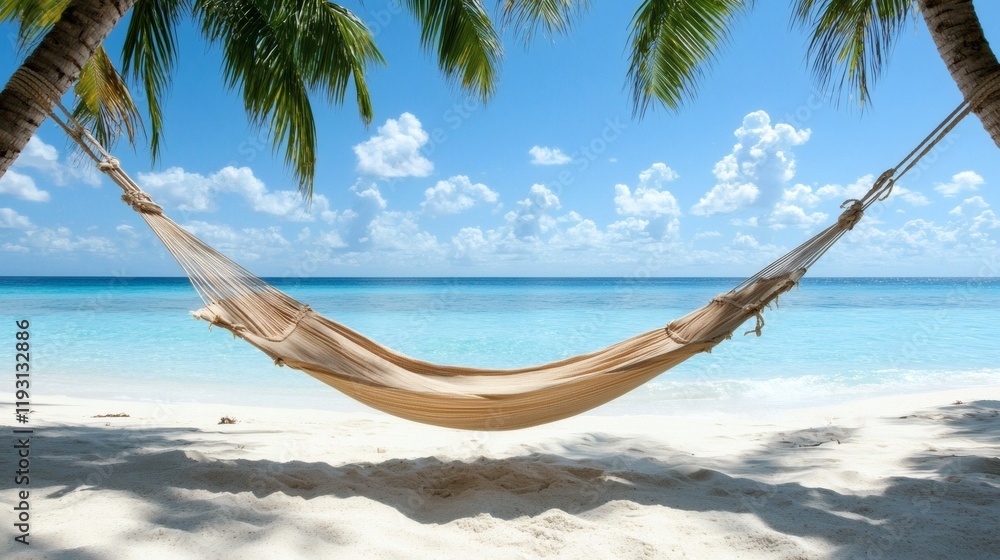 Aufkleber hammock under palm trees on tropical vacation destinations with a calm turquoise ocean in the backgr