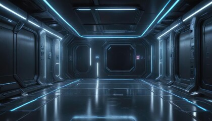 A Space Station Corridor with Neon Blue Lighting and a Polished Floor,  aerodynamic shapes,  space station interior,  polished floor