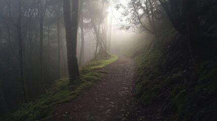 Foggy forest path with sunlight filtering through trees creating a tranquil atmosphere