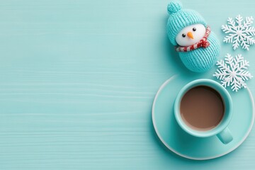 A coffee cup on a saucer beside a stuffed snowman and snowflakes. Organizing Kids&rsquo; Celebrations with ease and creativity. Copy space