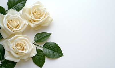 Three cream roses with green leaves on a white background, ideal for wedding invitations