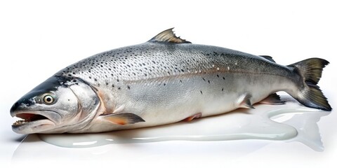 Fototapeta premium a large salmon lay on its side on a white background with dripping slime hanging from its body and falling onto the surface below, wet, salmon, marine life, scales, fish skin