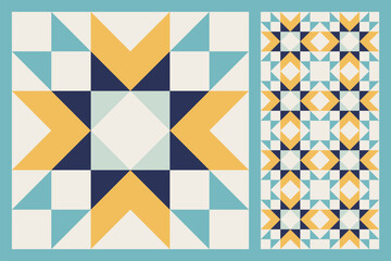 Geometric Star Pattern, Bold and Colorful Quilt Design with Repeating Motif, seamless vector pattern, abstract geometric background. Traditional barn star-shaped patchwork quilt block © Slanapotam