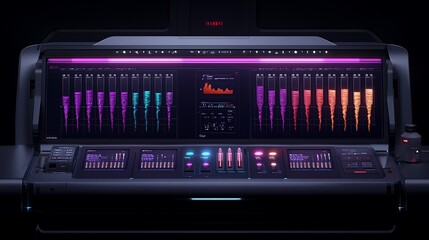 Modern audio mixing console displaying vibrant sound waveforms in a dark studio environment