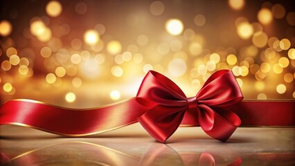 Elegant Red Satin Bow with Golden Ribbon on Festive Background
