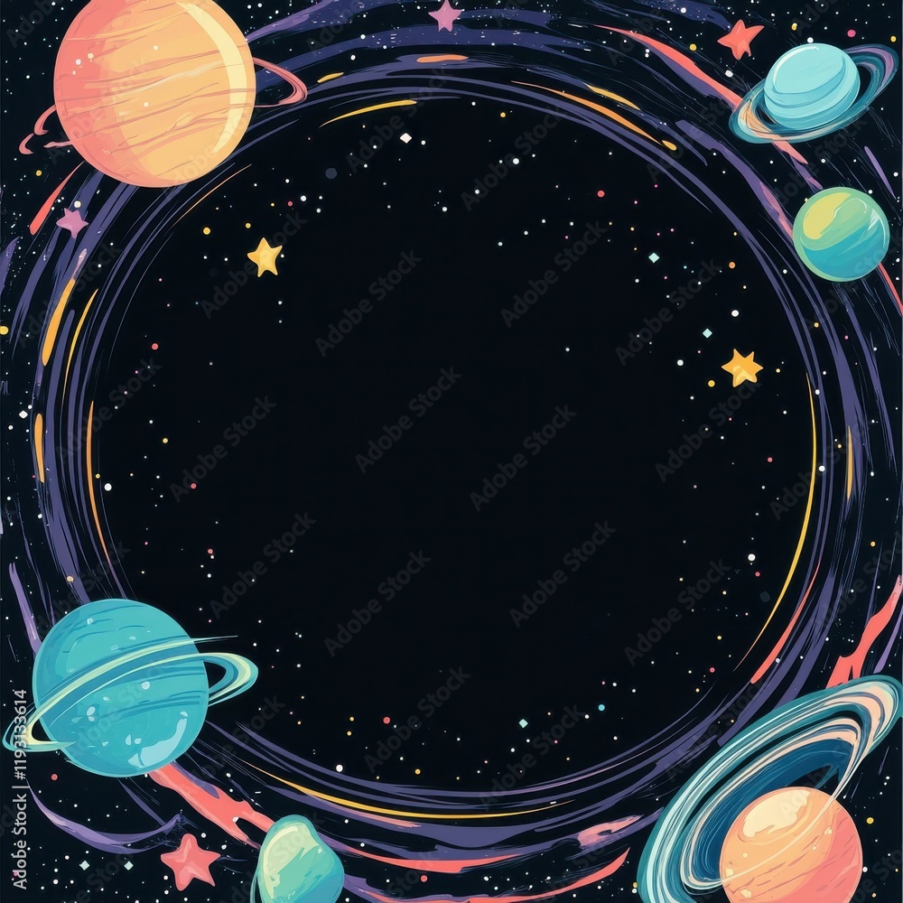 Poster cosmic illustration featuring vibrant planets and stars with a central blank space for customizable 