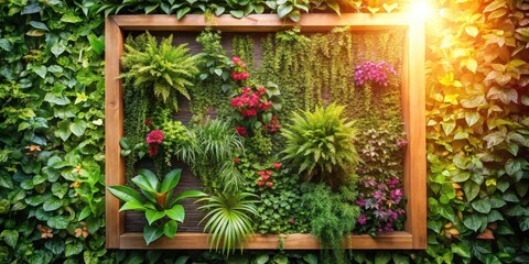 Fototapeta premium Lush Vertical Garden Display in a Wooden Frame, Featuring a Diverse Array of Green and Flowering Plants