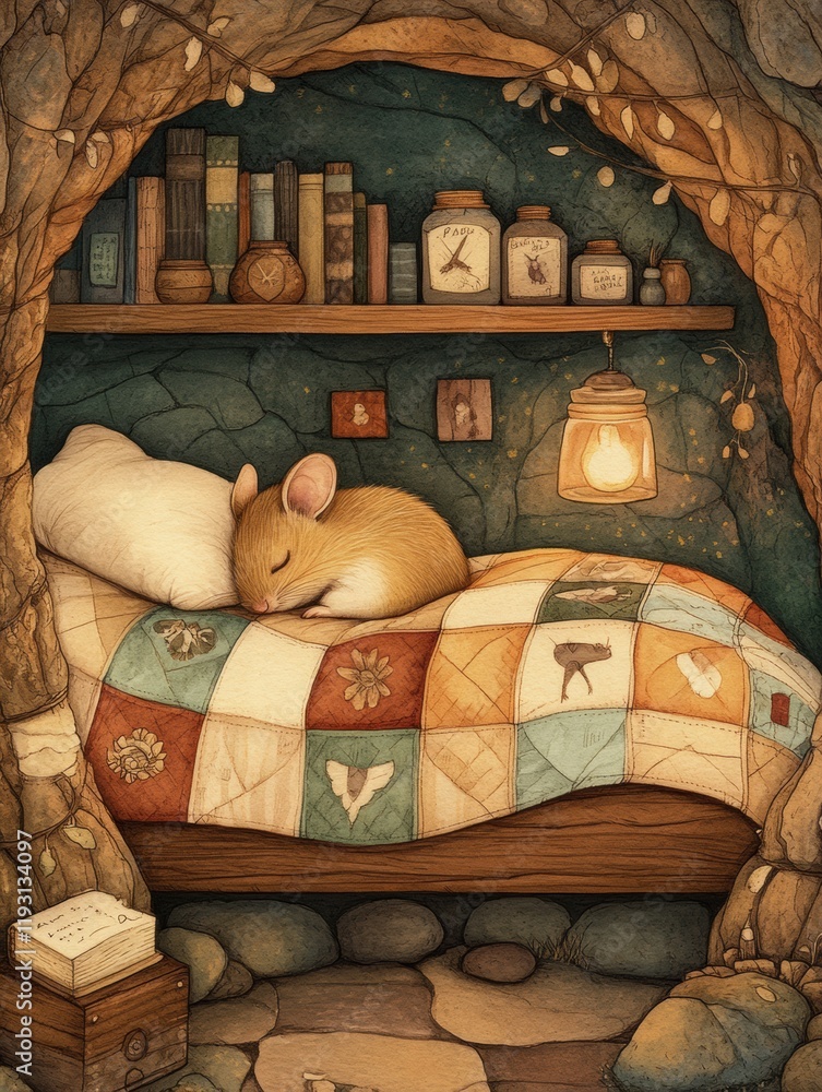 Poster cozy mouse resting peacefully on a patchwork blanket inside a rustic cave surrounded by books and ge