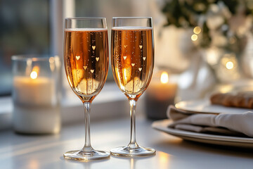 Romantic Champagne Glasses with Hearts and Candles