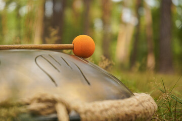 Blurred trees create a peaceful backdrop. A melodic hand drum with orange-tipped sticks rests on...