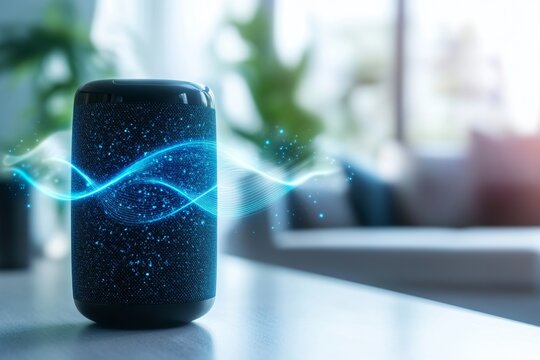 A 3D-rendered depiction of a voice-controlled smart home system, with animated holographic waves connecting various devices