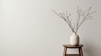 Minimalist still life dried branches in a ceramic vase on a wooden stool against a white wall.
