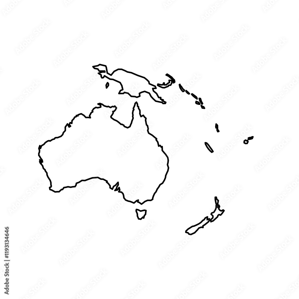Poster a simple black silhouette outlines the map of australia and oceania. the design focuses on the conti