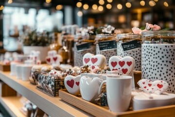 Fototapeta premium A gift shop display featuring Valentine's-themed items like heart-shaped pillows, mugs, and scented candles