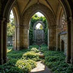 Fototapeta premium Sunlit Historic Stone Archway with Romantic Flowering Vines