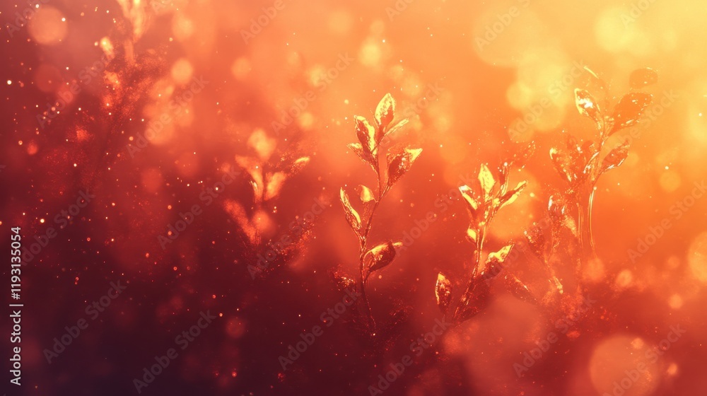 Poster Fiery bokeh effect with crimson and gold hues illuminating delicate foliage in a warm glow at dusk