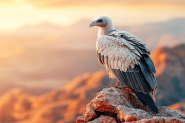Fototapeta premium A 3D-rendered vulture perched on a rocky outcrop, with realistic lighting and detailed textures of its feathers and rugged surroundings