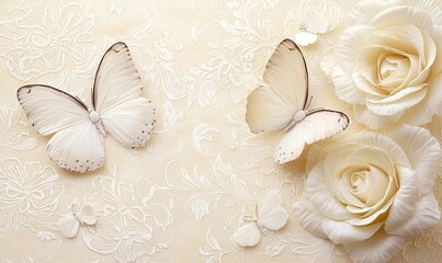 White butterflies and roses on a patterned background, ideal for wedding or romantic themes
