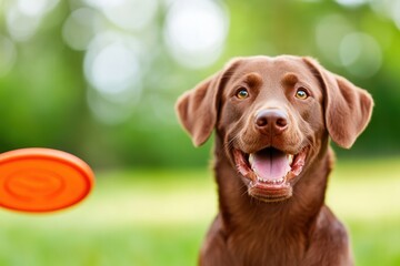 A brown dog is energetically playing with a frisbee in the grassy area. Outdoor Family Walks and Activities Create cherished moments together