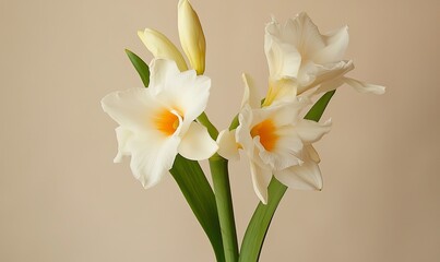 Fototapeta premium White daffodils with orange centers on a minimalist beige background, ideal for spring themes