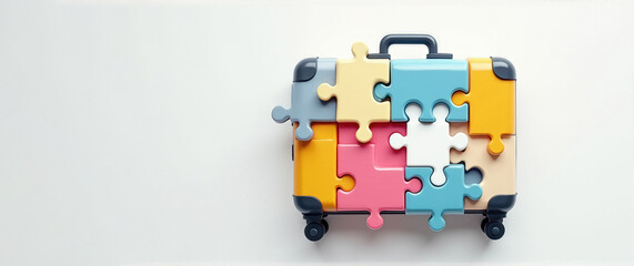 A colored suitcase in the form of a puzzle piece, symbolizing the process of preparing for a trip, banner with space for text