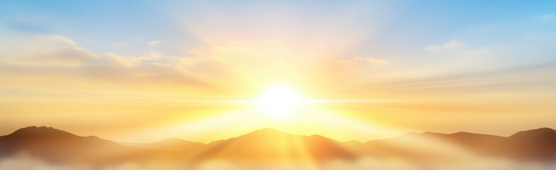 Fototapeta premium breathtaking sunrise over mountains, casting warm light and soft shadows across landscape, creating serene and peaceful atmosphere