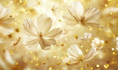 Naklejka premium White flowers and golden confetti on a luminous background